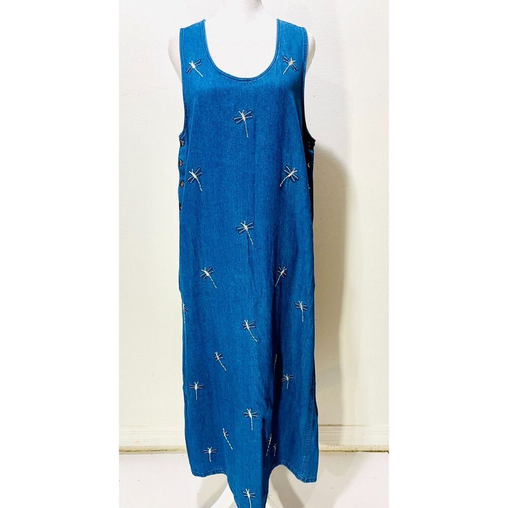 Jane Ashley denim maxi dress embroidered dragonfly blue cotton casual women's M